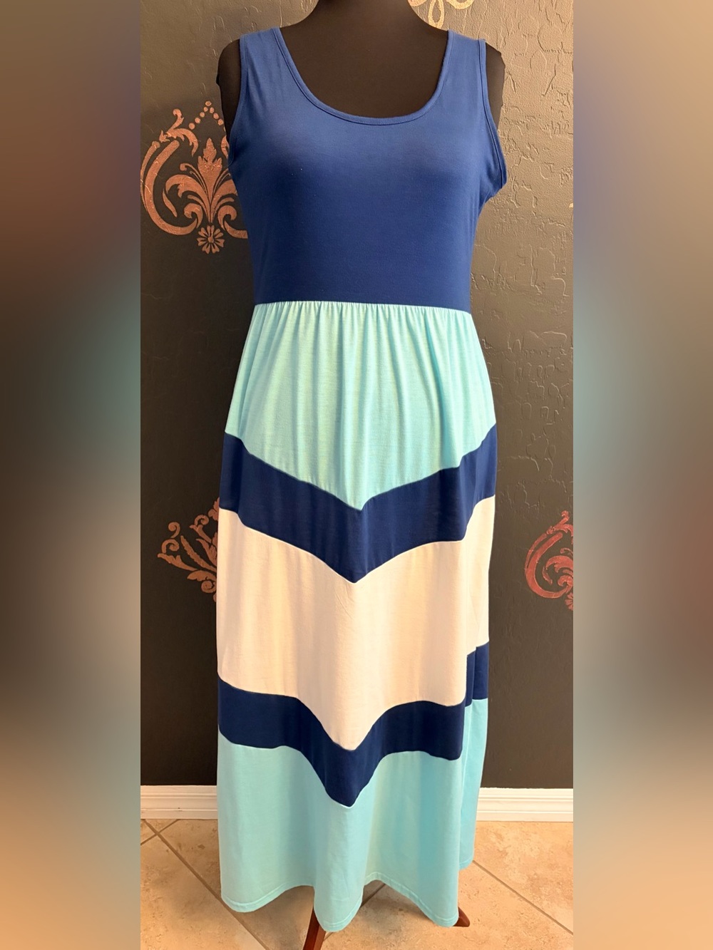 Women’s Chevron Maxi Dress in Navy, Light Blue & White